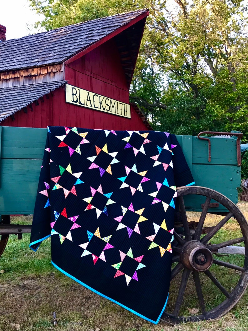 Make to order: Queen size Handmade Scrappy Star quilt, bright modern BLACK background image 1