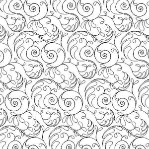 May include: Black and white repeating pattern featuring swirling, spiral-like shapes with leaf-like details. The design is intricate and detailed, creating a textured appearance. This pattern is suitable for fabric or wallpaper.