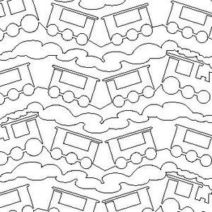May include: Black and white line drawing of a repeating pattern of train engines with smoke plumes. The train engines have a boxy shape with a single window and four wheels.