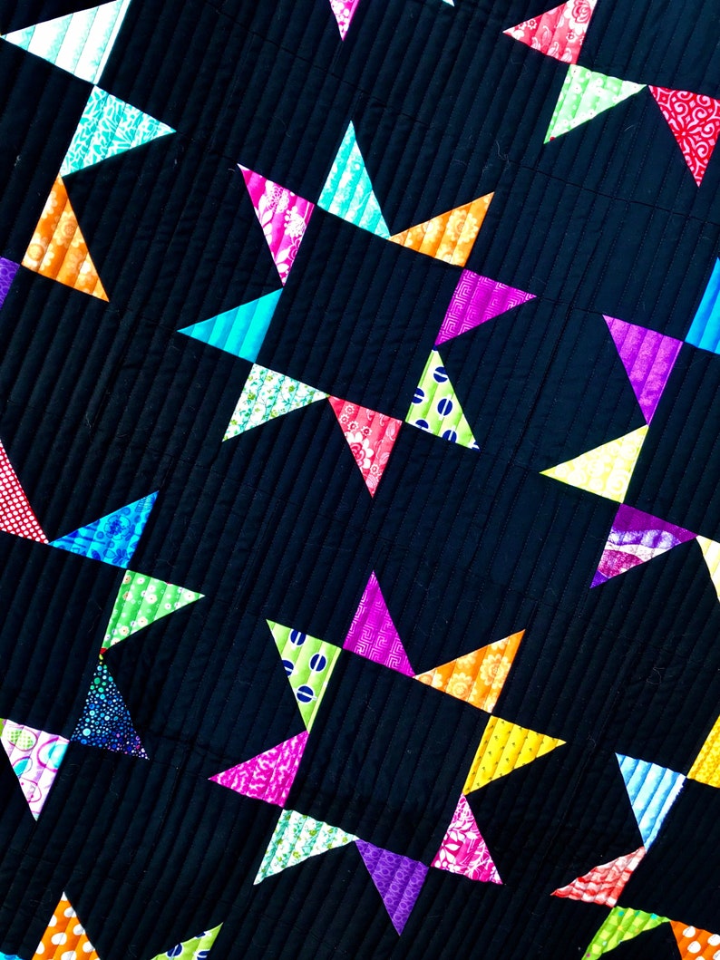 Make to order: Queen size Handmade Scrappy Star quilt, bright modern BLACK background image 3