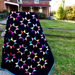 Make to order: Queen size Handmade Scrappy Star quilt, bright modern BLACK background image 2