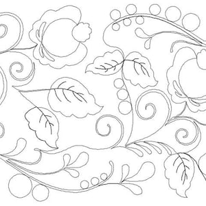 May include: A black and white line drawing of a floral design with leaves, swirls, and flowers.