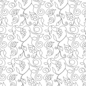 May include: A repeating pattern of floral and vine elements in a continuous line drawing style. The design features stylized flowers, leaves, and swirling tendrils, all rendered in black lines on a white background. The overall effect is a delicate, ornamental design.