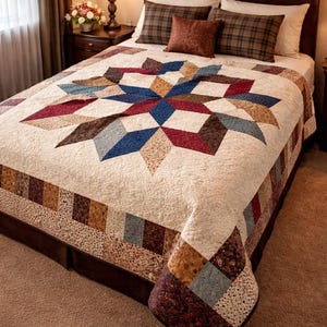 Handmade Carpenter Star Quilt: Heirloom Queen Size Bedding