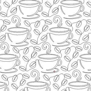 May include: A repeating pattern of coffee cups and coffee beans in a line drawing style. The cups have steam rising from them, and the beans are scattered around the cups. The design is in black and white.