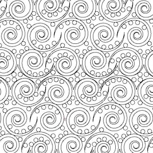 May include: Black and white pattern with repeating swirls and dots. The swirls are connected to form a wave-like pattern.