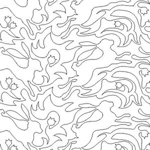 May include: Black and white line art pattern featuring stylized floral designs with repeating motifs of leaves and flowers.