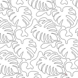 May include: A black and white line drawing of a repeating pattern of tropical monstera leaves.