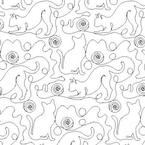 Pode incluir: Um padrão repetitivo de gatos estilizados em várias poses, criado com uma linha preta contínua sobre um fundo branco. O design inclui linhas curvas e formas espirais, criando uma estética caprichosa e lúdica. Os gatos são retratados em perfil.