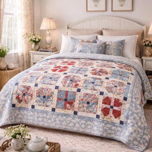 Quilt met bloemenpatchwork, cottagecore-beddengoed, vintage quilt