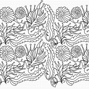 May include: A black and white line drawing of a floral pattern with stylised flowers and leaves. The design is symmetrical and features a repeating pattern of flowers and leaves.