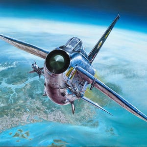 May include: A silver fighter jet flies over a blue and green landscape. The jet has a large, round engine and a pointed nose. The jet is flying low to the ground, and the landscape is visible below.