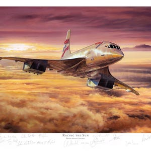 May include: A painting of a Concorde aircraft soaring through a sunset sky. The plane, with the British Airways logo, is silver. The sky is a blend of orange, pink, and purple, with clouds below. The title is "Racing the Sun".