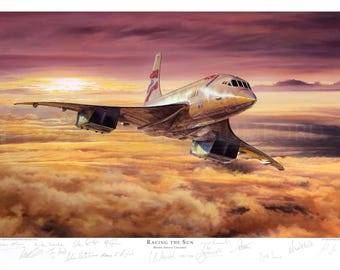 A2 Concorde print. Pilot signed. Aviation art. Poster. Signed by artist and 14 pilots. Present for him. Spitfire. Gift for husband.