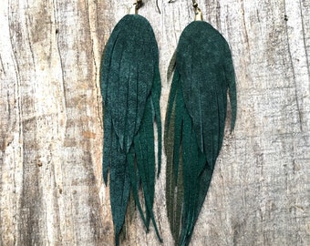 Long leather feather earrings/ leather feather fringe/ feather earrings/ boho gift/ bohemian earrings/ feather fringe earrings/ earrings