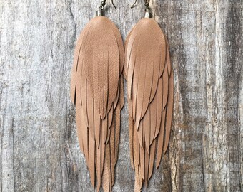 Leather feather earrings/ leather feather fringe earrings/ leather feather earring/ light weight leather earrings
