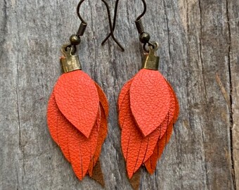 Leather feather earrings/ orange leather feather  earrings/ leather feather earring/ light weight leather earrings/tiny leather earrings
