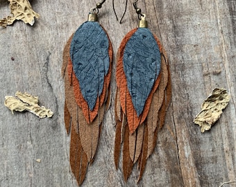Leather feather earrings/ leather feather fringe earrings/ upcycled leather/ light weight leather earrings/black leather earrings/boho gift