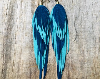 Long leather feather earrings/ leather feather fringe/ feather earrings/ boho gift/ bohemian earrings/ feather fringe earrings/ earrings