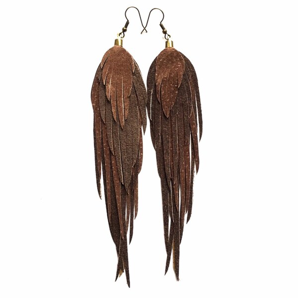 Long leather feather earrings/ leather feather fringe/ feather earrings/ boho gift/ bohemian earrings/ feather fringe earrings/ earrings