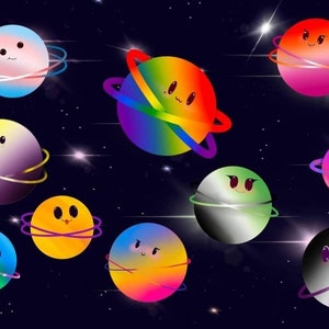 May include: A digital illustration of nine planets with rings, each planet is a different colour and has a different flag pattern on it. The planets are set against a dark blue background with white stars.