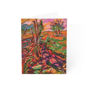 Cartões de felicitações inspirados na natureza rosa - Cartão de notas de campo vibrante - Cartão de felicitações de arte de paisagem colorida (10, 30 e 50 unidades)
