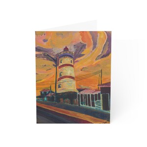 Faro al tramonto - Accattivante biglietto di auguri costiero per tutte le occasioni (10, 30 e 50 pezzi)