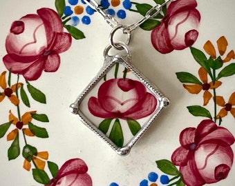 Pink Rose Necklace, China Rose Pendant, Antique China Necklace, Square Pendant, Sterling Silver or Stainless Chain, Valentines Gift