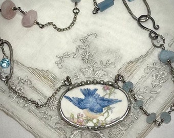 Long Bluebird Necklace on Sterling chain with Gemstones, Broken China Bluebird Necklace