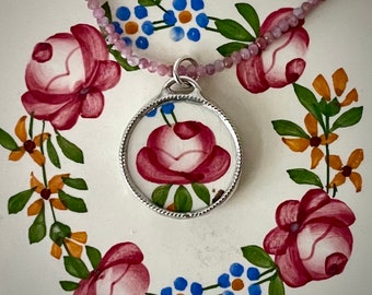 Pink Rose Necklace, China Rose Pendant, Antique China Necklace, Pink Tourmaline Necklace