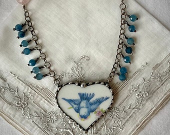 Bluebird Necklace on Sterling chain with Gemstones, Broken China Bluebird Necklace, Bluebird Necklace with Aquamarines