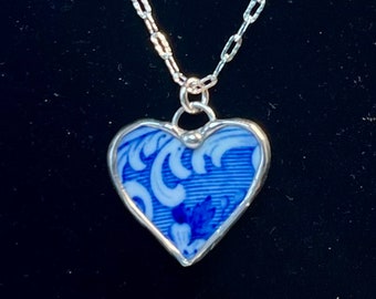Blue Transferware Broken China Pendant, Heart Pendant, Broken China Jewelry