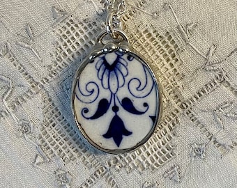 Petite Blue Transferware Pendant,  Broken China Jewelry