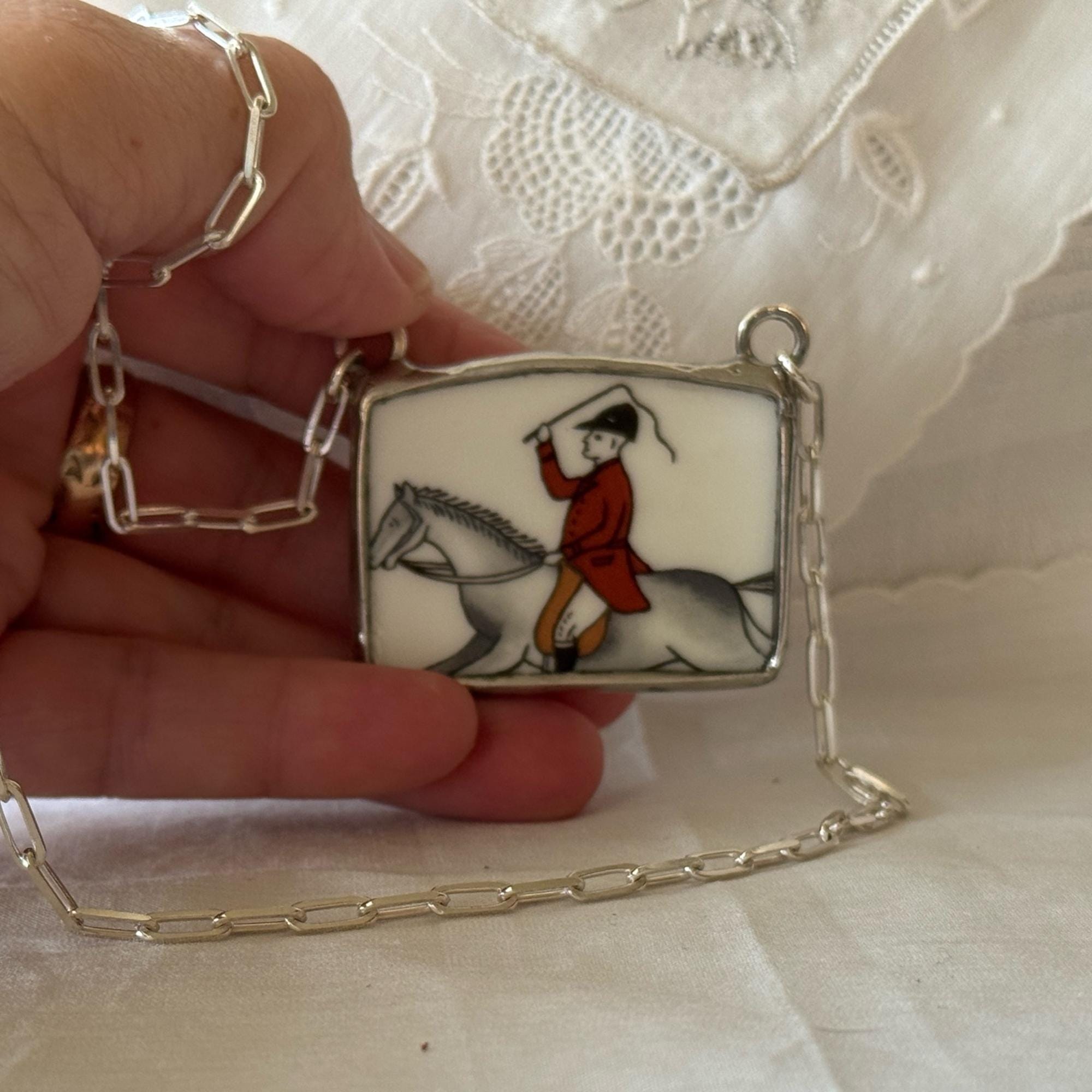 Broken China Necklace, Fox Hunt Pendant, Royal Staffordshire China Jewelry, Equestrian Gift, Sterling Silver Necklace, Gift for Mom