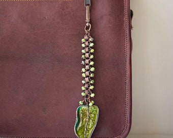 Broken China Purse Charm, Antique Majolica Leaf, Bag Charm, Zipper Pull, Purse Jewelry