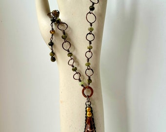Handmade Copper Broken China Necklace, Antique Majolica Necklace with Gemstones