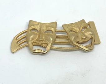 Vintage Comedy and tragedy mask large matter gold tone drama brooch