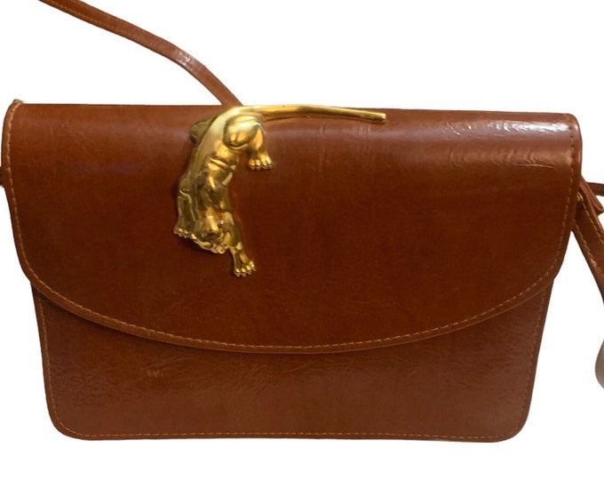 Vintage Jaguar Panther Gold Metal and Cognac Brown Faux Leather Hand