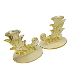 Vintage Fostoria Yellow Topaz barokke glazen kandelaars set van twee paar
