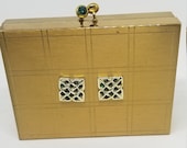 Gold tone and green rhinestone Voulpte minaudiere compact cigarette case evening bag