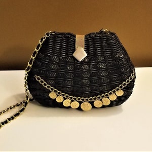 Vintage black basket weave woven purse handbag alexander the great greek coin dangle charms