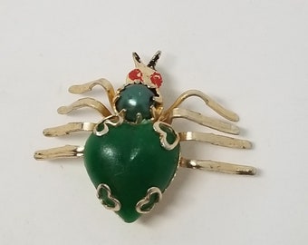 Vintage green spider pin brooch