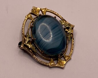 Vintage antique Art nouveau blue agate gold filled green and yellow gold leaf design brooch