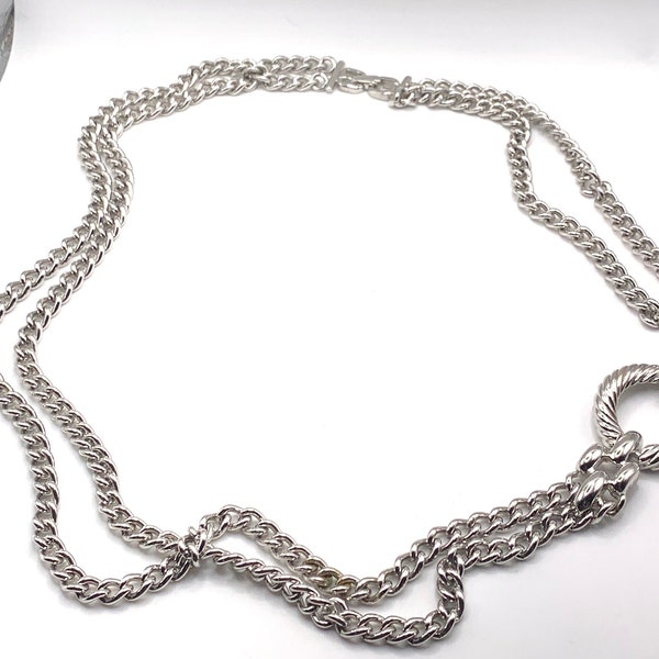 Vintage long double chain circle connected silver tone necklace 28 inch