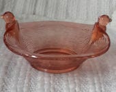 Pink glass sparrow bird bowl