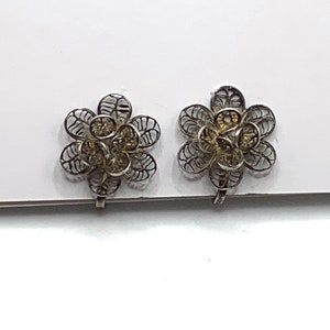 Vintage sterling silver filigree Cannetille screw back earrings flower