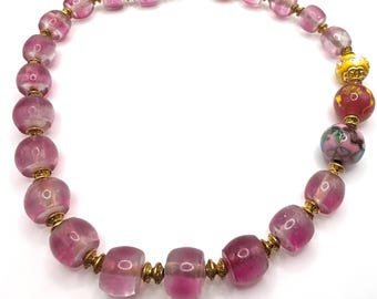 Collar vintage de cuentas gruesas de cristal artístico rosa y amarillo cloisonné