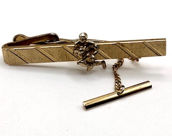 Vintage football player gold tone tie clip with chain