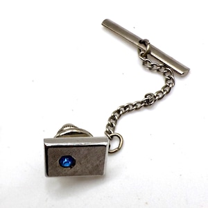 Vintage Swank silver tone rectangle blue rhinestone tie tack tie pin with chain