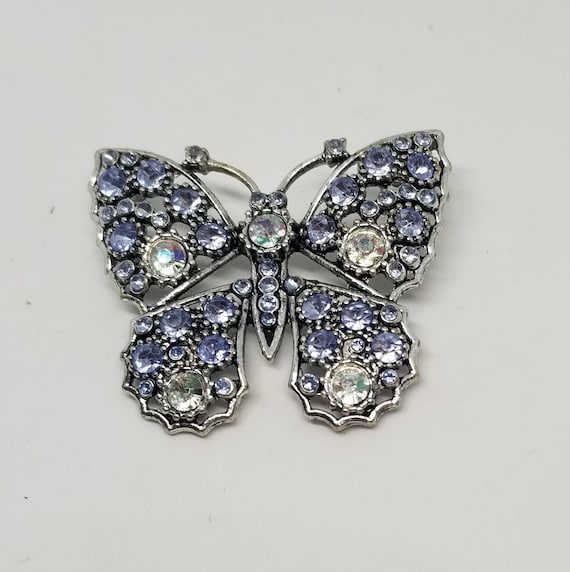 Vintage Silver tone blue rhinestone and clear ab … - image 1